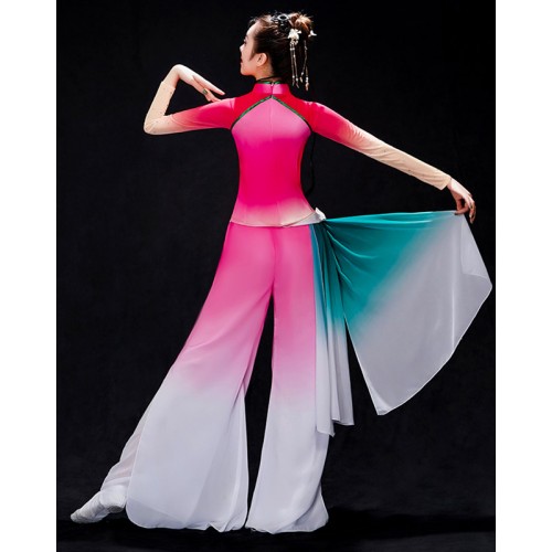 Women Pink gradient flowers Chinese folk fan dance costume yangko Umbrella dance costume Art test solo Performance clothes
